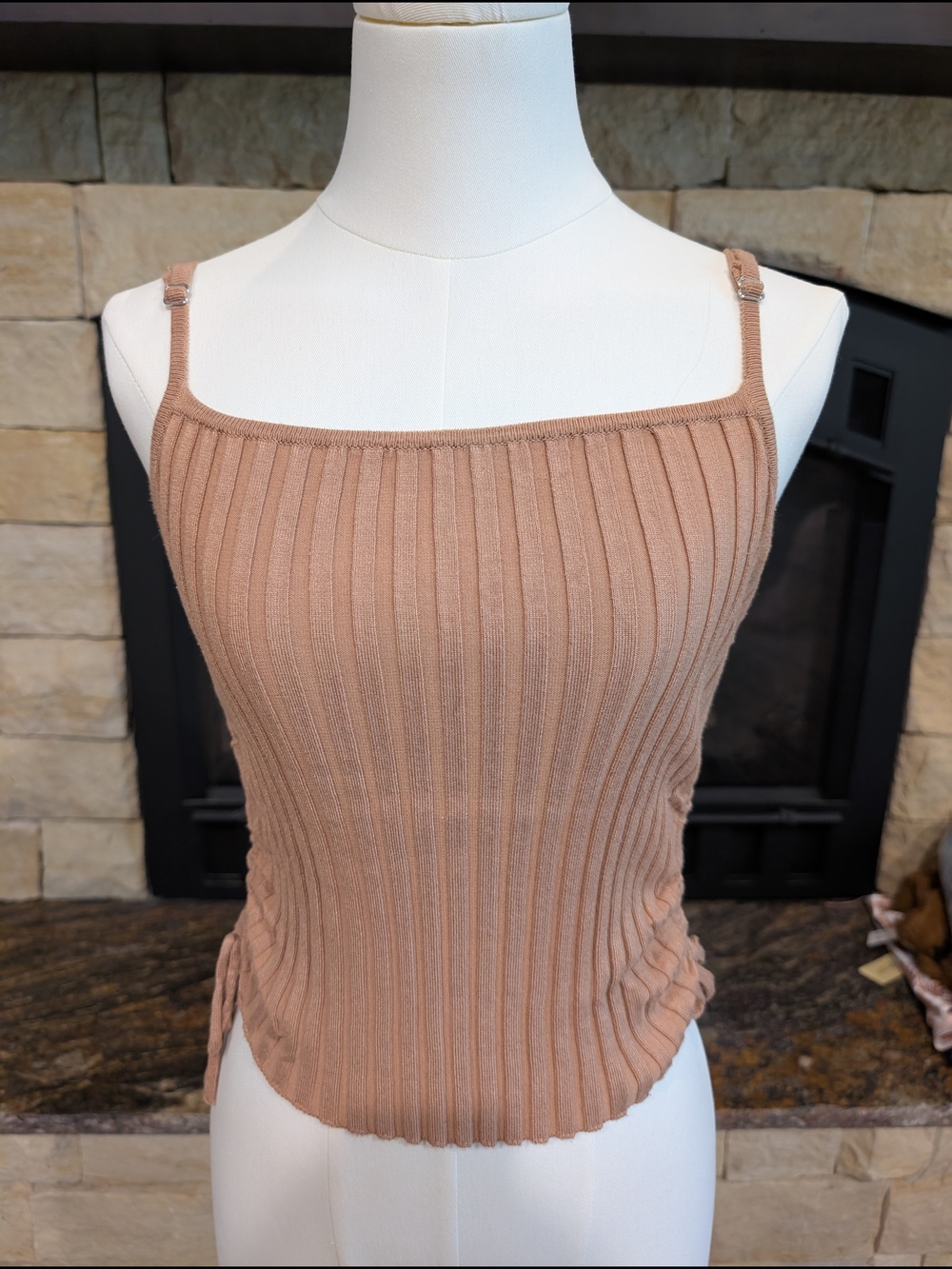 Ribbed Adjustable-Strap Cami in Taupe